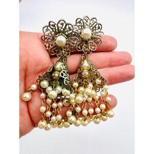 Vintage Chandelier Filigree Clip On Earrings With Faux Pearls